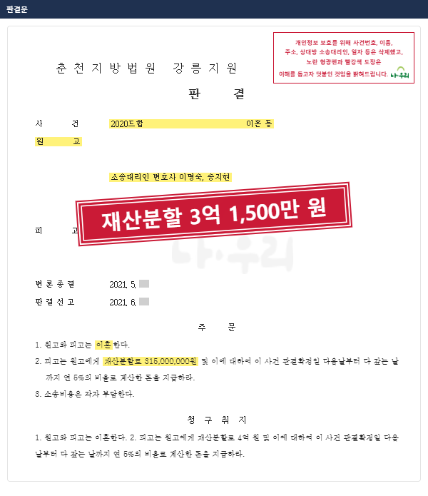 짧은 혼인기간에도 분할 비율 50% 인정, 아내 명의 재산에서 남편에게 재산분할 3억 1,500만 원 – 나우리 성공사례 법원 문서