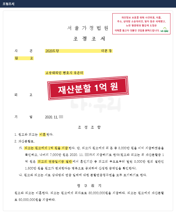 재산분할 5,000만 원을 청구했는데 남편의 연금일시금 절반을 반영해 1억 원으로 늘린 조정 – 나우리 성공사례 법원 문서