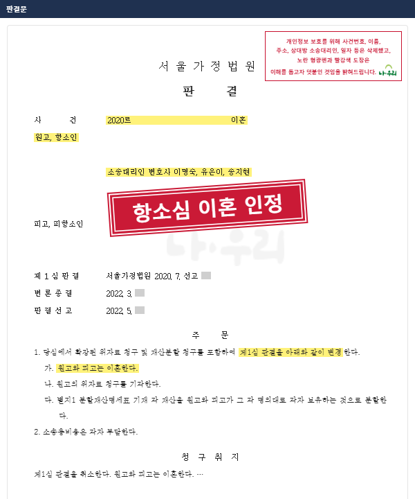 1심에서 받아들여지지 않은 이혼, 항소심에서 "쌍방 책임 동등" 판단 받아 이혼 판결 – 나우리 성공사례 법원 문서