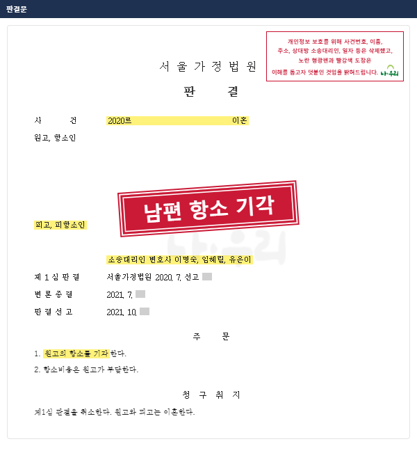 35년 혼인, 남편의 이혼 청구 1심 기각에 이어 항소심에서도 항소 기각 – 나우리 성공사례 법원 문서