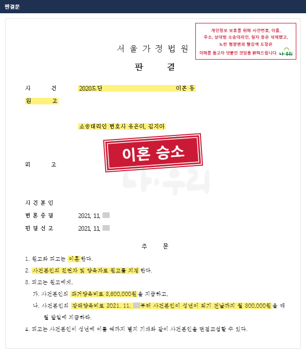 잦은 음주·폭력에 쉼터까지 갔던 외국 국적 아내, 이혼 + 친권·양육권 + 과거·장래 양육비 – 나우리 성공사례 법원 문서