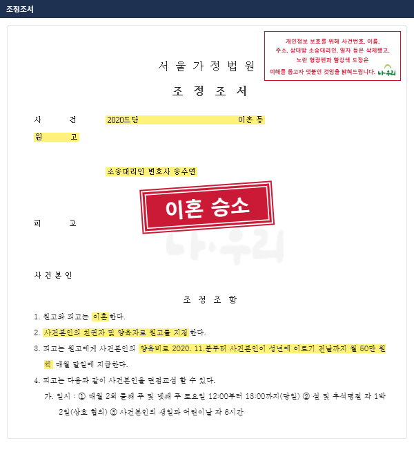 외국 국적 엄마, 청구한 그대로 이혼 + 친권·양육권 + 월 50만 원 양육비 확보 – 나우리 성공사례 법원 문서