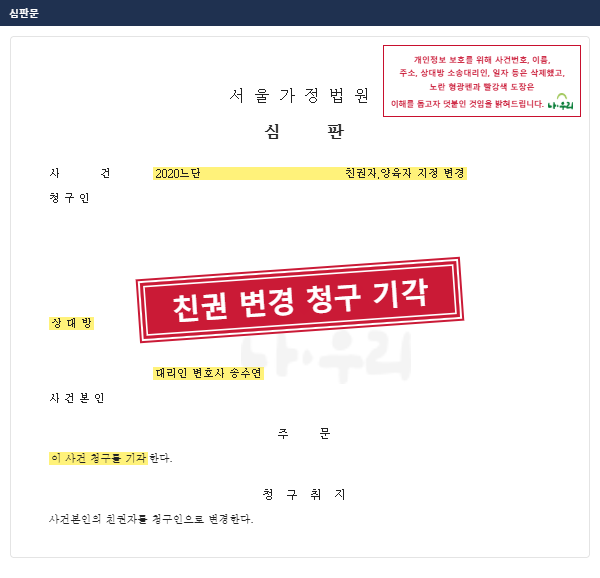 이혼 후 아이 아빠가 낸 친권자 변경 청구, 외국 국적 엄마가 막아 내 친권 지켜 – 나우리 성공사례 법원 문서