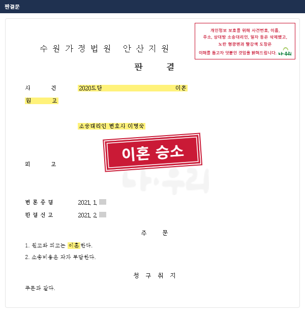 20년 넘게 별거한 남편, 소장을 받고도 무대응이었지만 판결로 이혼 확정 – 나우리 성공사례 법원 문서